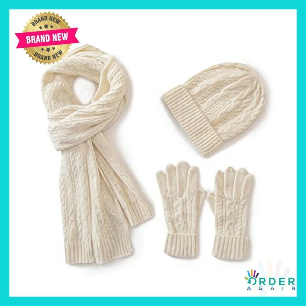 Cable Knit Winter Set Beanie Scarf Gloves Ultra Soft Lambswool Gift Box